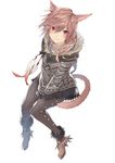  animal_ears brown_hair cat_ears cat_tail facial_mark final_fantasy final_fantasy_xiv fur_trim highres kuwashima_rein long_hair looking_at_viewer looking_up miqo'te pantyhose red_eyes ribbed_sweater slit_pupils solo sweater tail 