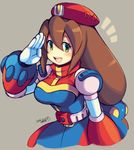  blush breasts brown_hair cowboy_shot dated eyebrows_visible_through_hair green_eyes hat iris_(rockman_x) iroyopon large_breasts long_hair looking_at_viewer open_mouth red_hat rockman rockman_x rockman_x4 salute signature smile solo 