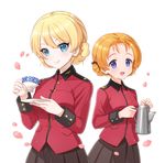  bad_id bad_pixiv_id bangs black_bow black_skirt blonde_hair blue_eyes bow braid cherry_blossoms closed_mouth commentary_request cup darjeeling epaulettes eyebrows_visible_through_hair girls_und_panzer hair_bow highres holding jacket kakuzatou_(boxxxsugar) long_sleeves looking_at_viewer military military_uniform miniskirt multiple_girls open_mouth orange_hair orange_pekoe parted_bangs pleated_skirt red_jacket saucer short_hair simple_background skirt smile st._gloriana's_military_uniform standing teacup teapot tied_hair twin_braids uniform upper_body white_background 