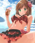  :o bangs beach bikini bikini_skirt brown_hair chair commentary_request day eyebrows_visible_through_hair food front-tie_bikini front-tie_top green_eyes hair_ornament holding holding_food ice_cream ice_cream_cone idolmaster idolmaster_cinderella_girls light_rays lounge_chair maekawa_miku navel open_mouth outdoors plaid plaid_bikini red_bikini sitting soft_serve solo spread_legs sunbeam sunlight swimsuit tetsujin_momoko thighs 