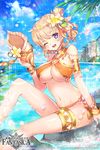  ;d apple_caramel armlet artist_name bangle bikini blonde_hair blue_eyes bracelet breasts cleavage company_name conch copyright_name eyebrows_visible_through_hair flower hair_flower hair_ornament heart heart-shaped_pupils jewelry large_breasts looking_at_viewer navel ocean official_art one_eye_closed open_mouth original short_hair sitting smile solo swimsuit symbol-shaped_pupils thighlet water 