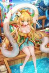  bare_shoulders blonde_hair blush bowl breasts cleavage collarbone eyebrows_visible_through_hair green_eyes green_skirt highres holding holding_bowl large_breasts long_hair looking_at_viewer open_mouth original pong_(vndn124) sitting skirt smile snake solo summer 