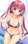  1girl bikini blue_eyes breasts cleavage hair_between_eyes highres large_breasts long_hair looking_at_viewer parted_lips polka_dot_bikini purple_bikini red_hair sakura_airi sitting smile solo swimsuit twintails youkoso_jitsuryoku_shijou_shugi_no_kyoushitsu_e yu_yu 