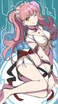  alternate_costume alternate_hairstyle ass barefoot breasts cleavage fate/grand_order fate_(series) grin highres long_hair looking_at_viewer medb_(fate)_(all) medb_(fate/grand_order) medium_breasts midriff navel one_eye_closed pink_hair shimo_(s_kaminaka) smile solo twintails yellow_eyes 