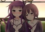  blush brown_eyes brown_hair fukashimochi hanayamata leaning_on_person long_hair multiple_girls open_mouth purple_hair sasame_yaya school_uniform sekiya_naru smile yuri 