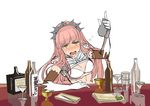  alcohol blush bottle breasts brown_gloves chopsticks cleavage cocktail_glass crown cup drinking_glass drunk elbow_gloves fate/grand_order fate_(series) gloves long_hair medb_(fate)_(all) medb_(fate/grand_order) medium_breasts pink_hair plate sake_bottle shimo_(s_kaminaka) solo tokkuri white_gloves yellow_eyes 