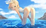  amy7996659 ass bent_over blonde_hair character_name from_behind green_eyes hairband hands_on_own_knees highres i-504_(kantai_collection) kantai_collection looking_back luigi_torelli_(kantai_collection) one-piece_swimsuit open_mouth school_swimsuit short_hair signature solo standing swimsuit wading water white_hairband white_school_swimsuit white_swimsuit 