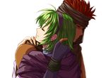  1girl cape couple delsaber fire_emblem fire_emblem:_rekka_no_ken gloves green_hair hairband hetero hug jaffar_(fire_emblem) nino_(fire_emblem) purple_hairband red_hair short_hair smile 