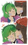  1girl absurdres bandages blood cape cheek_kiss couple fire_emblem fire_emblem:_rekka_no_ken green_hair hairband hetero highres jaffar_(fire_emblem) kiss nino_(fire_emblem) open_mouth ormille red_eyes red_hair short_hair smile tattoo 