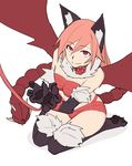  1girl animal_ears anoncolorz bat_wings bondage bow cat_ears cat_eyes fur gift greyscale highres kneeling looking_up mamono_girl_lover manticore manticore_(mamono_girl_lover) manticore_(monster_girl_encyclopedia) monster_girl monster_girl_encyclopedia p01ntless paws pet pink_hair red_eyes ribbon sitting smile solo spikes tail white_background wings 