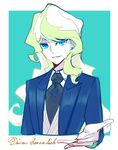  blonde_hair blue_eyes blue_neckwear character_name diana_cavendish earrings jewelry little_witch_academia long_hair looking_at_viewer milk_puppy necktie open_mouth shirt smile solo white_shirt white_skin 