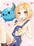  babe_(fate) bad_id bad_pixiv_id blonde_hair cake eating fate/grand_order fate_(series) food food_on_face fork looking_at_viewer naked_overalls overalls pancake paul_bunyan_(fate/grand_order) plate short_hair siika_620 smile solo yellow_eyes 