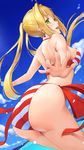  ahoge ass bangs bare_shoulders bikini blonde_hair blue_sky blush breasts cloud cloudy_sky cowboy_shot day eyebrows_visible_through_hair fate/grand_order fate_(series) fingernails from_behind green_eyes hair_intakes highres hiyoko_(pixiv16803940) long_fingernails long_hair looking_at_viewer looking_back medium_breasts nero_claudius_(fate)_(all) nero_claudius_(swimsuit_caster)_(fate) ocean outdoors outstretched_arms shoulder_blades side-tie_bikini sky smile solo standing striped striped_bikini swimsuit twintails 