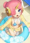  blue_eyes blue_innertube blush breasts cleavage collarbone covered_nipples double_bun eyebrows_visible_through_hair fate/apocrypha fate/grand_order fate_(series) frankenstein's_monster_(fate) frankenstein's_monster_(swimsuit_saber)_(fate) hair_over_one_eye high_heels highres horn innertube kneehighs large_breasts looking_at_viewer navel open_mouth parutoneru pink_hair short_hair solo 
