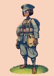  backpack bag barefoot black_hair canteen commentary dark_skin erica_(naze1940) glasses hand_on_hip hat highres looking_at_viewer military military_hat military_uniform original round_eyewear satchel soldier solo standing tan_background thailand uniform world_war_i 