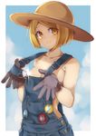  absurdres black_gloves blonde_hair e_draw_paint fate/grand_order fate_(series) gloves hat highres light_censor looking_at_viewer naked_overalls overalls overalls_pull paul_bunyan_(fate/grand_order) short_hair solo yellow_eyes 