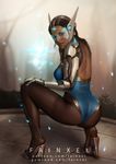  1girl artist_name black_hair brown_eyes fainxel head_mounted_display high_heels looking_at_viewer mechanical_arm overwatch pantyhose parted_lips solo squatting symmetra_(overwatch) visor web_address 