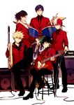  aizawa_shouta bakugou_katsuki bass_guitar black_hair black_pants blazer blonde_hair blue_eyes blue_hair boku_no_hero_academia carrying drum drum_set drumsticks electric_guitar formal freckles full_body glasses green_eyes green_hair guitar hegi heterochromia iida_tenya instrument jacket keyboard_(instrument) male_focus midoriya_izuku multicolored_hair multiple_boys necktie pants red_eyes red_hair red_neckwear red_suit scarf sideburns simple_background sitting speaker spiked_hair suit todoroki_shouto two-tone_hair white_background white_hair 