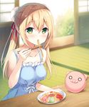  anzu_(sumisaki_yuzuna) bangs bare_arms bare_shoulders blonde_hair blue_dress blurry blurry_background breasts bun_cover chopsticks collarbone day depth_of_field double_bun dress eating egg eyebrows_visible_through_hair food green_eyes hair_between_eyes hair_ribbon holding holding_chopsticks indoors long_hair looking_at_viewer medium_breasts mouth_hold noodles original pig plate red_ribbon ribbon shouji sitting sleeveless sleeveless_dress sliding_doors solo sparkle sumisaki_yuzuna sunlight table tatami tomato twintails 