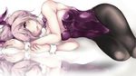  animal_ears bow bowtie breasts bunny_ears bunnysuit detached_collar fate/grand_order fate_(series) hair_over_one_eye leotard looking_at_viewer lying mash_kyrielight medium_breasts on_side original pantyhose pon_(syugaminp) purple_bow purple_eyes purple_hair purple_leotard purple_neckwear reflection short_hair solo strapless strapless_leotard tongue tongue_out wrist_cuffs 