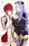  breastplate breasts camilla_(fire_emblem_if) cleavage_cutout curly_hair fire_emblem fire_emblem_if hair_over_one_eye highres hinoka_(fire_emblem_if) holding_hands interlocked_fingers large_breasts looking_at_viewer multiple_girls purple_hair red_hair short_hair smile thighhighs yellow_eyes 