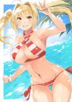  absurdres ahoge ass_visible_through_thighs beach bikini blonde_hair breasts cowboy_shot criss-cross_halter curvy day denizen_tomo fate/grand_order fate_(series) green_eyes grin hair_intakes halterneck highres large_breasts long_hair looking_at_viewer navel nero_claudius_(fate)_(all) nero_claudius_(swimsuit_caster)_(fate) ocean outdoors scrunchie side-tie_bikini sky smile solo striped striped_bikini swimsuit thigh_gap twintails w white_scrunchie wrist_scrunchie 