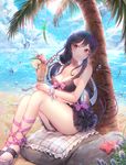  beach black_hair blanket blush breasts cleavage closed_mouth cup day drinking_glass eyebrows_visible_through_hair holding holding_cup holding_spoon large_breasts long_hair looking_at_viewer original outdoors ozzingo rock sandals sitting smile solo spoon starfish tree water_drop 