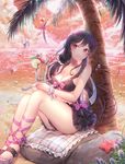 beach black_hair blanket blush breasts cleavage closed_mouth cup drinking_glass eyebrows_visible_through_hair holding holding_cup holding_spoon large_breasts long_hair looking_at_viewer original outdoors ozzingo rock sitting smile solo spoon starfish sunset tree water_drop 