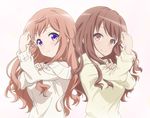  back-to-back bare_shoulders blue_eyes brown_hair crossover eyebrows_visible_through_hair gochuumon_wa_usagi_desu_ka? highres hoto_mocha kayano_ai komiya_kaori long_hair looking_at_viewer multiple_girls pink_background purple_eyes red_eyes red_star_(toranecomet) seiyuu_connection simple_background smile sora_no_method standing sweater upper_body white_sweater 