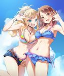  bare_arms bikini blonde_hair blue_bikini blue_sky blush bracelet breasts brown_eyes brown_hair cleavage cloud commentary_request day denim denim_shorts frilled_bikini frills holding_hands houjou_karen idolmaster idolmaster_cinderella_girls interlocked_fingers jewelry kawaty large_breasts lens_flare looking_at_viewer multiple_girls nail_polish navel necklace ootsuki_yui open_fly outdoors pink_nails short_shorts shorts side-tie_bikini sky smile standing stomach striped striped_bikini summer swimsuit unbuttoned unzipped v 