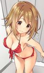  bangs bare_shoulders bikini breasts brown_eyes cleavage collarbone commentary_request fitting_room flower flying_sweatdrops frilled_bikini frills front-tie_top hair_flower hair_ornament happy_turn2 hips idolmaster idolmaster_cinderella_girls indoors light_brown_hair medium_breasts mimura_kanako navel red_bikini short_hair solo swept_bangs swimsuit thighs wavy_mouth 