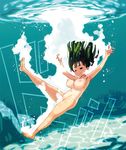  &gt;:) ;) air_bubble armpits arms_up bangs blush breasts bubble c: closed_mouth commentary_request full_body green_hair large_breasts legs_apart long_hair navel nipples nude one-piece_tan one_eye_closed original ryoji_(nomura_ryouji) smile soles solo submerged tan tanline underwater v-shaped_eyebrows zanshomimai 