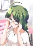  adjusting_eyewear ahoge bespectacled blue_eyes blush braid commentary_request glasses green_hair kantai_collection long_hair mikage_takashi mole mole_under_mouth signature single_braid smile twitter_username yuugumo_(kantai_collection) 