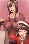  2girls :d bag bangs bell blunt_bangs breasts brown_eyes brown_hair brown_shirt child christmas collarbone commentary_request eyes_closed fur_trim hat large_breasts long_hair looking_at_viewer multiple_girls open_mouth original pepe_(jonasan) pink_background red_hat santa_costume santa_hat shirt smile 