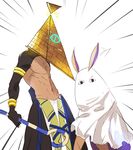  &lt;o&gt;_&lt;o&gt; 1girl bare_chest commentary cosplay cowboy_shot dark_skin dark_skinned_male emphasis_lines fate/grand_order fate/prototype fate/prototype:_fragments_of_blue_and_silver fate_(series) jojo_pose looking_at_viewer medjed medjed_(cosplay) nitocris_(fate/grand_order) nitocris_(swimsuit_assassin)_(fate) object_on_head ozymandias_(fate) parody pose purple_hair pvc_parfait pyramid_head silent_hill silent_hill_2 simple_background staff white_background 
