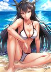  artist_name beach bikini black_hair blush breasts cleavage closed_mouth cloud collarbone day gusset hair_between_eyes headgear kantai_collection knee_up large_breasts light_rays long_hair nagato_(kantai_collection) ocean outdoors partially_submerged red_eyes sakiyamama sand sitting smile solo spread_legs swimsuit water wet white_bikini 