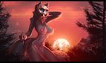  abyssal_wolf anthro black_fur blue_eyes breasts canine chain detailed_background esther female fur ghostli glowing glowing_eyes grey_fur looking_at_viewer mammal mane mask nipples nude shackle skull solo stripes sunset tuft wolf 
