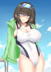  arm_support bangs black_hair blue_eyes blue_hairband blue_sky blush breasts cleavage cloud collarbone commentary_request competition_swimsuit covered_navel day green_jacket hair_between_eyes hairband highres hips hood hoodie idolmaster idolmaster_cinderella_girls jacket large_breasts long_hair looking_at_viewer one-piece_swimsuit open_clothes open_jacket open_mouth pool_ladder railing sagisawa_fumika sankakusui sideboob skindentation sky swimsuit thighs white_swimsuit 