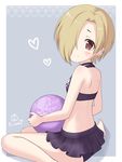  back ball bare_arms bare_shoulders barefoot bikini bikini_skirt black_bikini blonde_hair blush brown_eyes commentary_request dimples_of_venus frilled_bikini_bottom frills from_side grey_background hair_over_one_eye halter_top halterneck head_tilt heart holding holding_ball idolmaster idolmaster_cinderella_girls idolmaster_cinderella_girls_starlight_stage kaiware-san looking_at_viewer looking_to_the_side outside_border print_bikini shirasaka_koume short_hair signature simple_background sitting skull smile solo swimsuit tareme wariza 