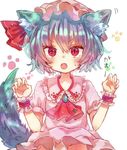  :o animal_ears ascot blue_hair blush brooch dog_ears dog_tail fangs hat hat_ribbon jewelry kemonomimi_mode looking_at_viewer mob_cap open_mouth peipei red_eyes red_ribbon remilia_scarlet ribbon short_hair simple_background slit_pupils solo tail touhou upper_body v-shaped_eyebrows white_background wrist_cuffs 