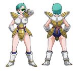  1girl aqua_hair armor ass bare_legs blue_eyes blue_panties boots breasts bulma closed_mouth collarbone cosplay dragon_ball dragonball_z female full_body gloves green_visor hand_on_hip hands_on_hips highres large_breasts legs looking_at_viewer monkey_tail multiple_views naughty_face neck panties saiyan saiyan_(cosplay) short_hair simple_background smile standing tail turnaround visor white_background white_boots white_gloves 