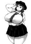  :o blush breasts collared_shirt commentary_request curvy fat fedora greyscale hair_ribbon hat highres huge_breasts ichigo_kotou monochrome necktie pleated_skirt ribbon shirt skindentation skirt solo thick_thighs thighs touhou tress_ribbon usami_renko v-shaped_eyebrows wide_hips 