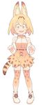  1girl :d animal_ears animal_print ankle_boots bangs bare_shoulders belt blonde_hair blush boots bow bowtie breasts cross-laced_clothes elbow_gloves full_body gloves hair_between_eyes happy high-waist_skirt kemono_friends looking_at_viewer medium_breasts medium_skirt open_mouth print_bow print_legwear print_skirt serval_(kemono_friends) serval_ears serval_print serval_tail shirt short_hair skirt sleeveless sleeveless_shirt smile solo striped_tail tail taut_clothes thighhighs upper_teeth urayamashiro_(artist) white_background white_boots white_gloves white_shirt yellow_bow yellow_bowtie yellow_eyes yellow_skirt 