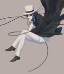  absurdres black_cape black_hair blue_eyes boots brown_footwear bungou_to_alchemist cape edogawa_ranpo_(bungou_to_alchemist) formal full_body gloves grey_gloves grey_hat grey_pants highres invisible_chair male_focus monocle pants profile sitting smile solo suit whip yadosumi 