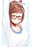  arms_behind_head arms_up black-framed_eyewear blue_background blue_shirt border breasts brown_hair closed_eyes coolisushi ecopoint_mei eyebrows_visible_through_hair facing_viewer glasses hair_bun hair_ornament hair_stick highres long_sleeves medium_breasts mei_(overwatch) overwatch shirt short_hair simple_background sketch smile solo stretch sweatshirt tank_top upper_body white_border white_shirt 