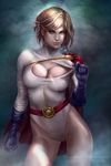  belt blonde_hair blue_eyes breasts capelet cleavage cleavage_cutout clenched_hand contrapposto dc_comics freckles gloves highres large_breasts leotard olga_narhova power_girl short_hair smirk solo standing superman_(series) 
