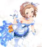  :d arm_strap artist_name blue_ribbon blush bow bracelet breasts brown_eyes brown_hair cleavage diadem dress gloves hair_ribbon idolmaster idolmaster_cinderella_girls idolmaster_cinderella_girls_starlight_stage jewelry looking_at_viewer mizuki_makoto namba_emi octopus_hair_ornament open_mouth orange_bow ribbon short_dress short_hair sleeveless sleeveless_dress small_breasts smile solo sparkle starry_sky_bright strapless strapless_dress white_background white_gloves white_legwear 