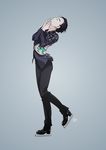  black_hair closed_eyes full_body hair_slicked_back hand_to_own_mouth highres ice_skates katsuki_yuuri male_focus mouri skates sparkle yuri!!!_on_ice 