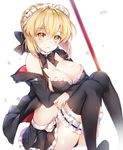  artoria_pendragon_(all) artoria_pendragon_(swimsuit_rider_alter) bangs black_legwear black_skirt blonde_hair blush braid breasts cleavage commentary eyebrows_visible_through_hair fate/grand_order fate_(series) french_braid frilled_skirt frills hair_between_eyes hood hoodie knees_up leg_garter looking_at_viewer maid_bikini maid_headdress medium_breasts open_clothes open_hoodie parted_lips pingo sidelocks sitting skirt solo thighhighs thighs yellow_eyes 