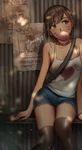 arms_at_sides artist_name bench bracelet brown_eyes brown_hair brown_legwear bubble_blowing cameo casual chewing_gum collarbone d.va_(overwatch) dappled_sunlight denim denim_shorts eyebrows_visible_through_hair facepaint facial_mark facing_viewer feet_out_of_frame flat_chest head_tilt heart highres jewelry long_hair looking_away looking_to_the_side outdoors overwatch poster_(object) print_shirt shirt short_shorts shorts sideways_glance signature sitting sitting_on_bench sleeveless solo sunlight tank_top thighhighs wanted whisker_markings white_shirt yuuya181 
